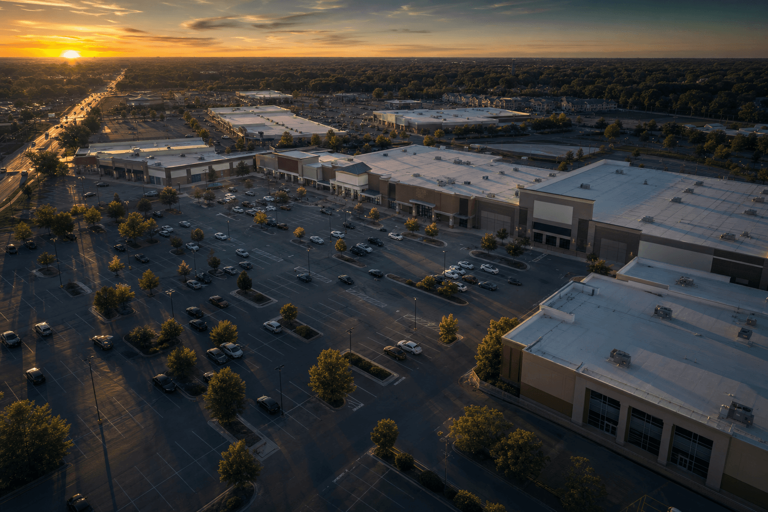 Aerial view of a Memphis retail shopping center at golden hour