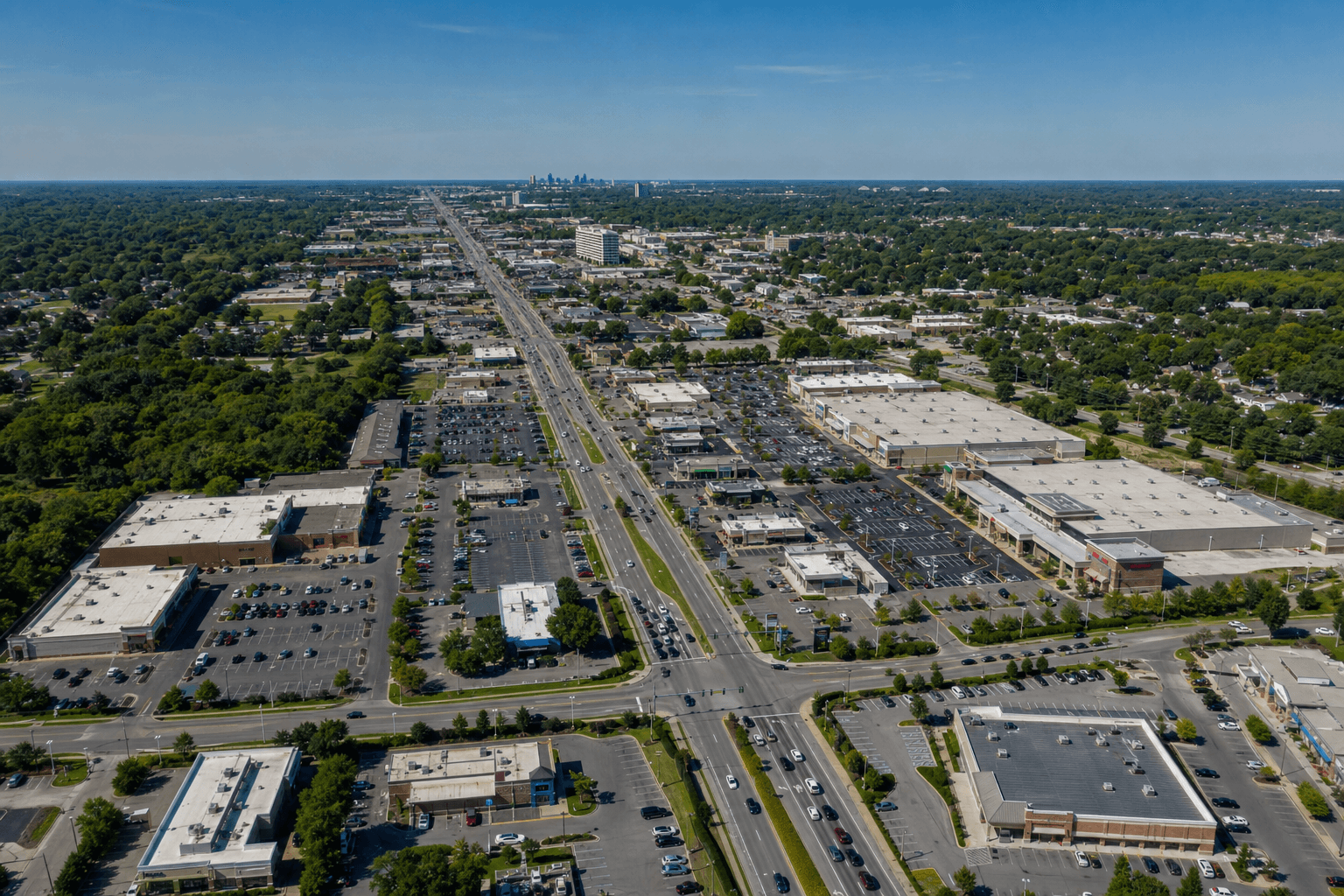 Aerial view of a Memphis retail corridor